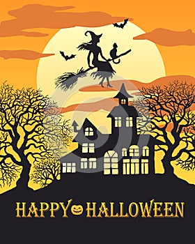 Flying  witch silhouette on broom with cat and bats on background of the full moon, halloween vector  illustration