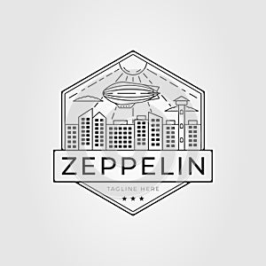flying zeppelin aircraft or plane in the city logo vector illustration design