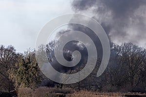 Flytipping fire. Enironmental pollution from black smoke in the countryside