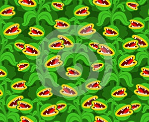 Flytrap monster plant pattern seamless. Flower predator Carnivorous plant background . Angry Flowers with Teeth ornament