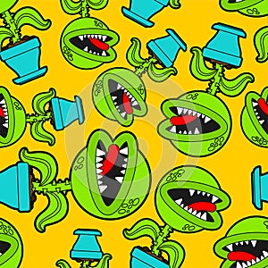 Flytrap in pot pattern seamless. Flower predator Carnivorous plant background . Angry Flowers with Teeth ornament