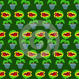 Flytrap in pot pattern seamless. Flower predator Carnivorous plant background . Angry Flowers with Teeth ornament