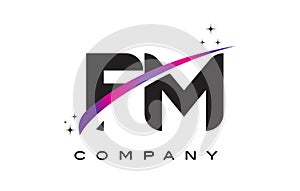 FM F M Black Letter Logo Design with Purple Magenta Swoosh