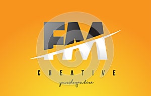 FM F M Letter Modern Logo Design with Yellow Background and Swoosh.