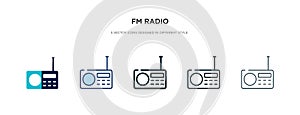 Fm radio icon in different style vector illustration. two colored and black fm radio vector icons designed in filled, outline,