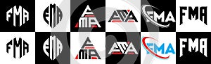 FMA letter logo design in six style. FMA polygon, circle, triangle, hexagon, flat and simple style with black and white color