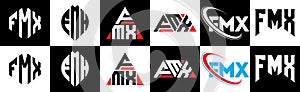 FMX letter logo design in six style. FMX polygon, circle, triangle, hexagon, flat and simple style with black and white color photo
