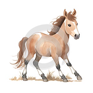 Foal in cartoon style. Cute Little Cartoon Foal isolated on white background. Watercolor drawing, hand-drawn in watercolor. For