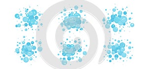 Foam bubble vector water icon set, blue soap, bath shampoo suds splash. Wash, laundry, clean underwater collection. Soda,