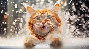 Foam bubbles are flying around a funny cat. An active ginger cat is happy to bathe in the bathtub with foam in the grooming salon