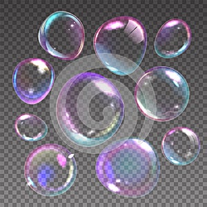 Foam bubbles. Realistic flying soap balls with rainbow reflections. 3D shampoo transparent glass spheres. Froth elements. Laundry