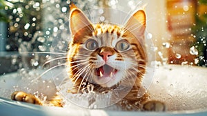 Foam bubbles and splashing water are flying around a funny cat. An active ginger cat is happy to bathe in the bathtub with foam in