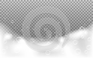 Foam bubbles on transparent background. Realistic soap effect or shampoo. Shower concept for advertising. White bubbles