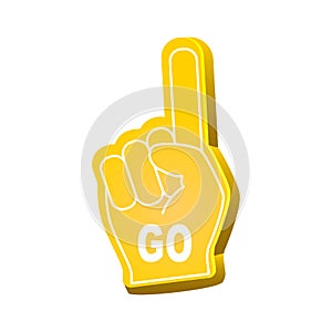 an foam finger. Hands up with glove with inscription go yellow color