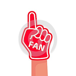 Foam fingers FAN. Number one, fan hand glove with red finger raised.