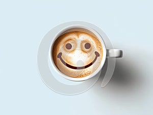 Foam form of smile face in cup of cappuccino coffee on blue pastel background. Generative AI.
