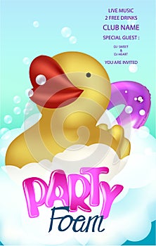 Foam party poster with rubber duck in a foam.