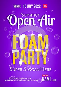 Foam Party summer Open Air. Beach foam party poster or flyer design template