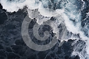 Foam on the surface of the sea. Abstract background. Aerial view of waves on black sand beach, AI Generated