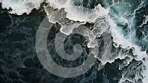 Foam on the surface of the sea. Abstract background. Aerial view of waves on black sand beach, AI Generated