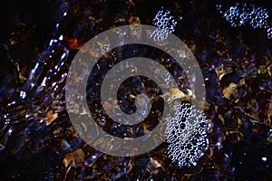 Foam on the water. Dark water