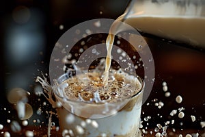 Foamed milk is poured over cold coffee.