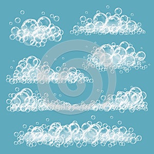 Foaming bubbles. Soapy transparent circles and balls white realistic vector foam templates