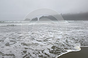 Foaming waves in the mist at Florencia Beach, Pacific Rim National Park photo