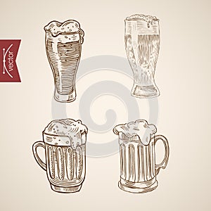 Foamy beer glasses engraving lineart vector retro vintage