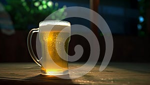 Foamy beer in gold pint glass on wooden pub table generated by AI