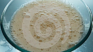 Foamy lager beer surface top view. Alcoholic drink bubbles bursting slowly