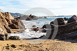 Foamy Sea Waves, Storm on Rocky Beach Texture Background, Blue Ocean Water, Rocky Shore Pattern