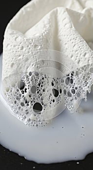 Foamy white liquid on black surface