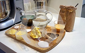 Focaccia ingredients on wooden board