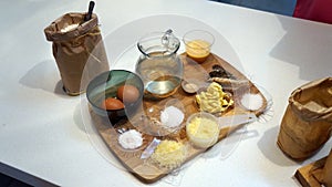 Focaccia ingredients on wooden board