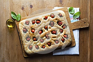 Foccacia on wooden table.