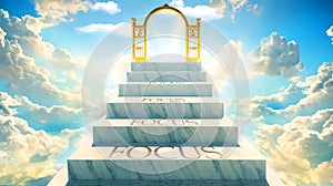 Focus as stairs to reach out to the heavenly gate for reward, success and happiness. Step by step, Focus elevates and brings