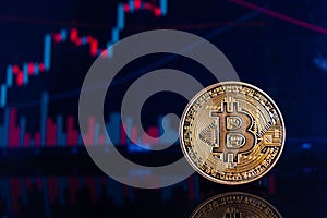 Focus of Bitcoin Symbol Cryptocurrency and Computer Exchange graph background