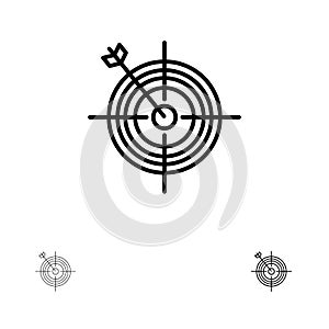 Focus, Board, Dart, Arrow, Target Bold and thin black line icon set