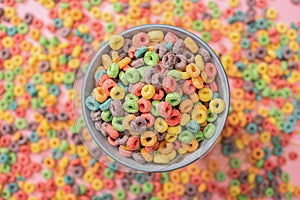 Focus of bright colorful breakfast cereal in bowl