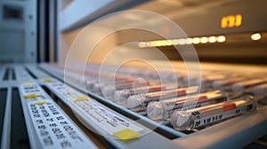 Focus on a 80C ultralow freezer rack filled with biological samples creating a sharp contrast against the softly blurred