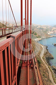 Focus on the cables and support beam of the Golden Gate Bridgelooking towards Vista Point, Marin County, Sausalito
