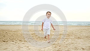 The focus of the camera moves smoothly behind the running child. A little happy boy runs towards the camera along the