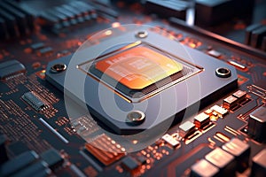 Focus on a Central Processing Unit Microchip with Motherboard Component Background