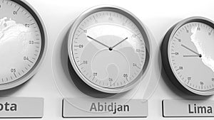 Focus on the clock showing Abidjan, Ivory Coast time. Conceptual 3D rendering