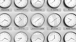 Focus on the clock showing Amsterdam, Netherlands time. 3D animation