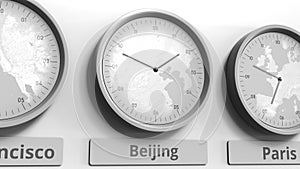 Focus on the clock showing Beijing, China time. Conceptual 3D rendering