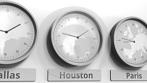 Focus on the clock showing Houston, USA time. Conceptual 3D rendering