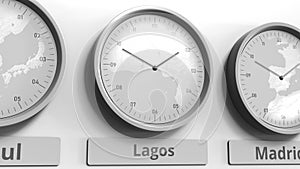 Focus on the clock showing Lagos, Nigeria time. Conceptual 3D rendering