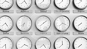 Focus on the clock showing Lugano, Switzerland time. 3D animation